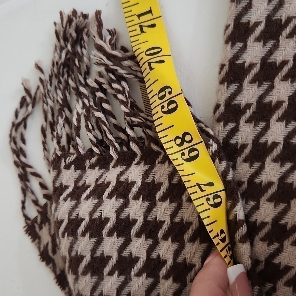 100% Clear Silk Tassel Scarf  Unisex Camel beige Brown Houndstooth Luxury - Picture 9 of 10